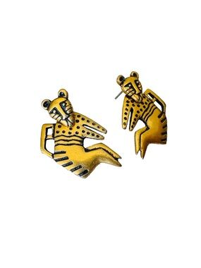 RARE Vintage Laurel Burch MYTHICAL MONKEY Gold Tone Pierced Earrings